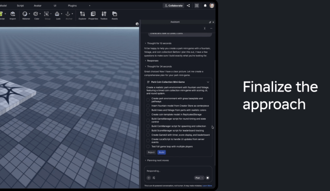 Roblox의 AI 비서, 게임 계획, 구축, 테스트를 위한 새로운 에이전트 도구 제공